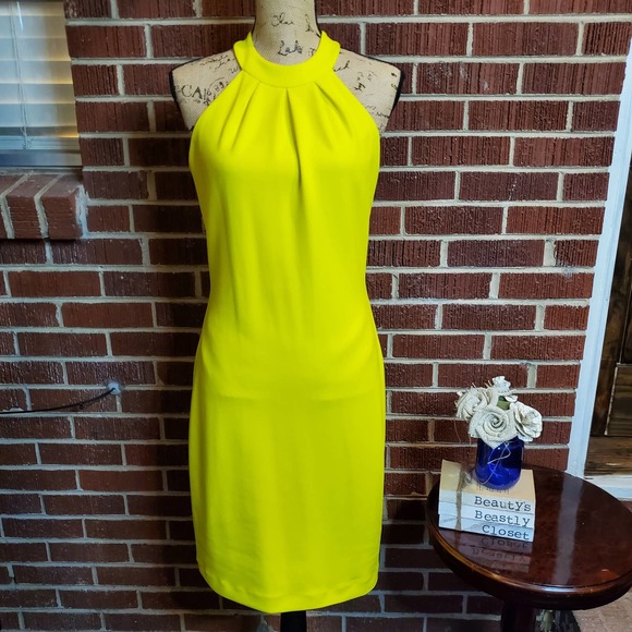 Badgley Mischka Dresses & Skirts - Belle Badgley Mischka Citron Yellow Bunny Pleated Halter Pencil Dress 2 NWT